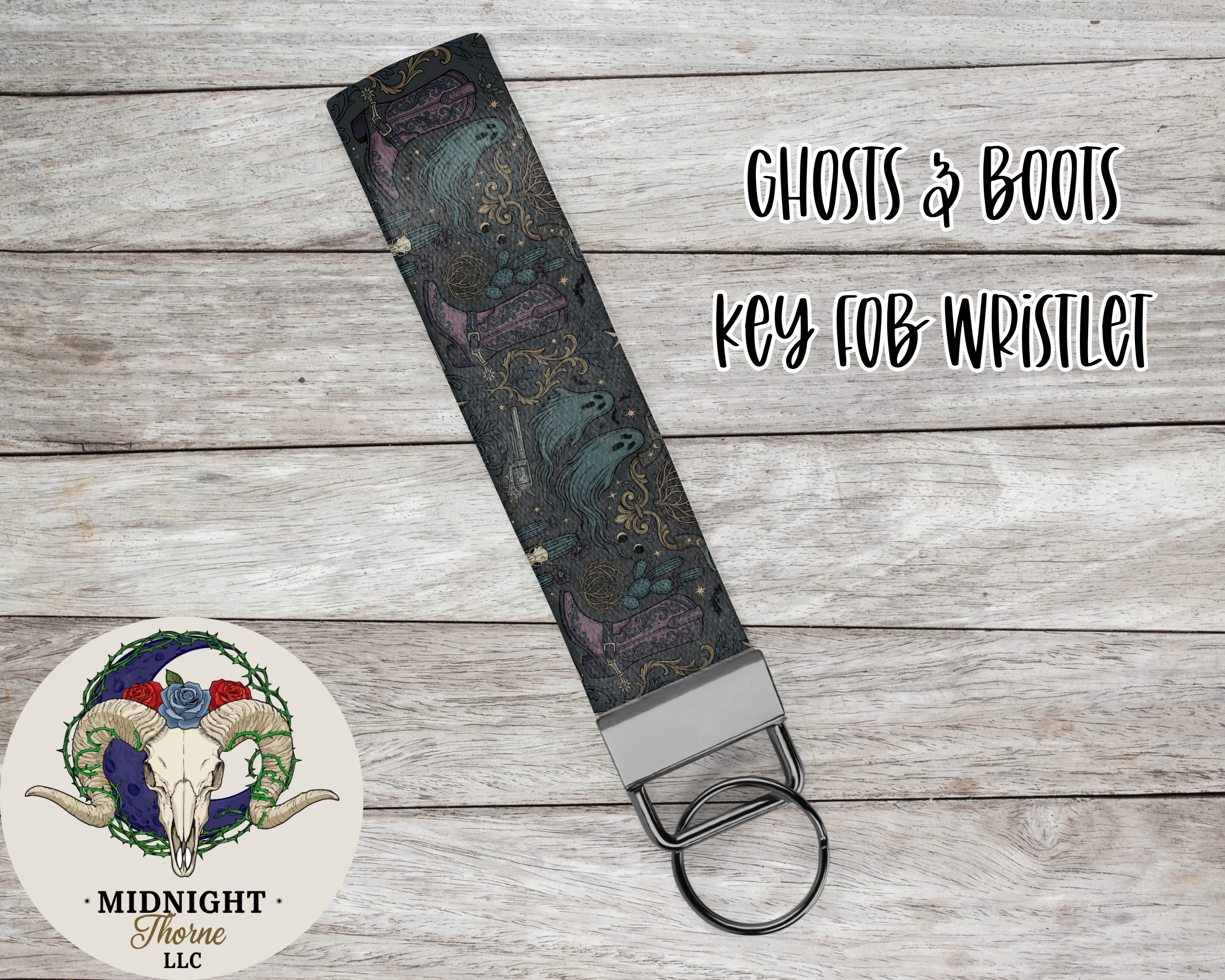 Ghosts & Boots Key Fob Wristlet | Dark Americana Pattern | Spooky Cowgirl Keychain | Sublimated Y'allternative Gift