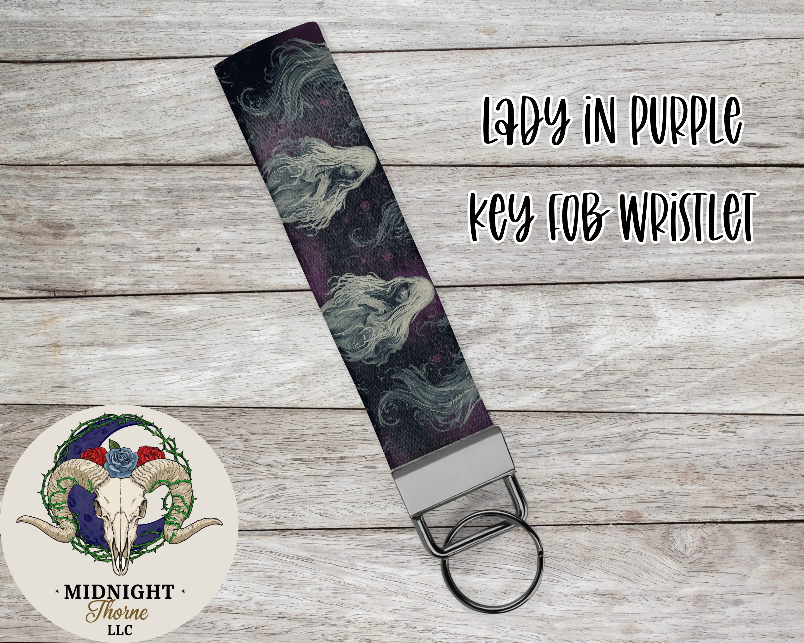 Lady in Purple Key Fob Wristlet | Gothic Romance Victorian Mourning Pattern | Dark Aesthetic Keychain | Sublimated Haunted Specter Gift