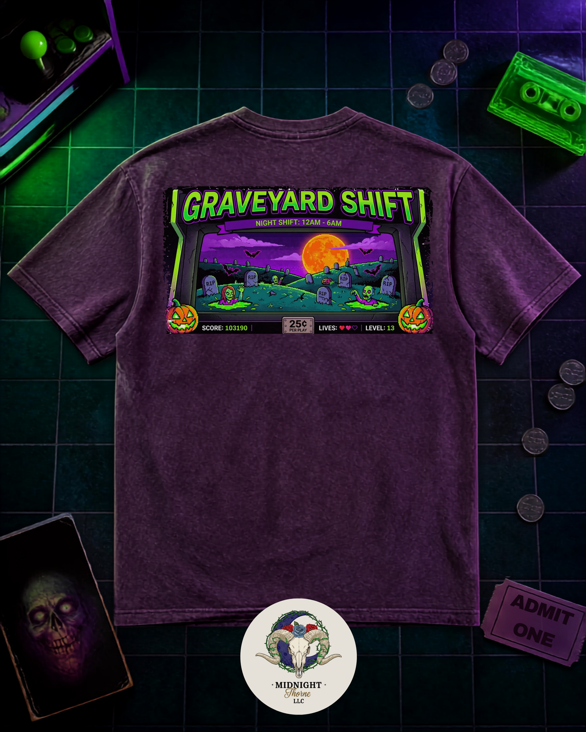 Neon Graveyard Shift Arcade Horror T-Shirt