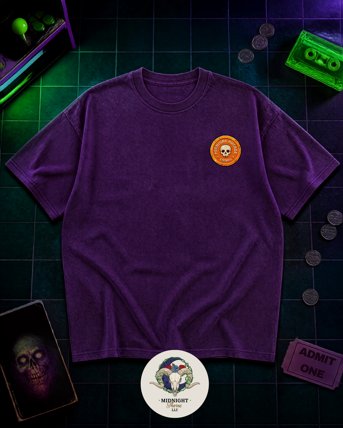 Neon Graveyard Shift Arcade Horror T-Shirt