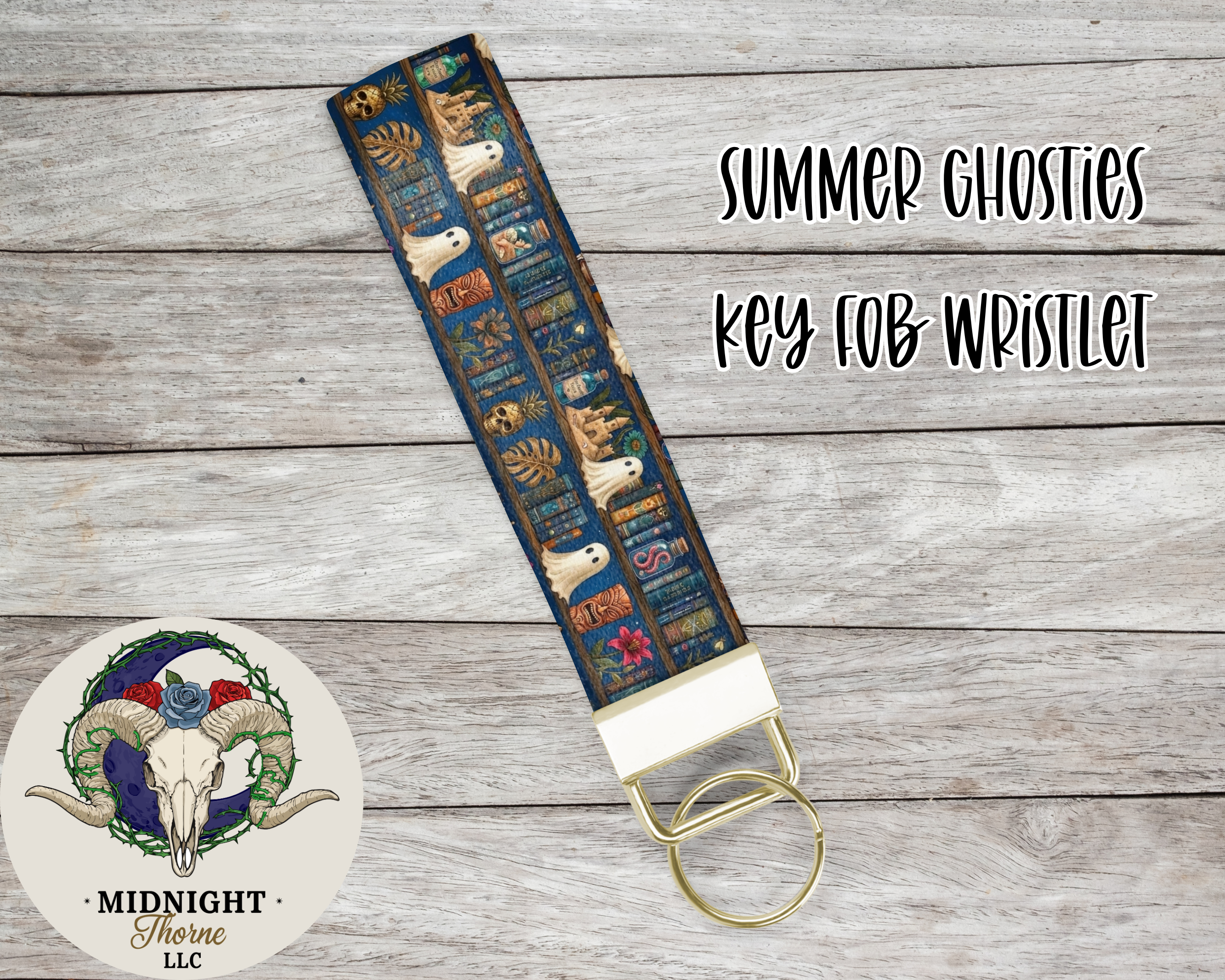 Summer Ghosties Key Fob Wristlet | Ghost Bookshelf Pattern | Cozy Keychain | Sublimated Book Lover Gift