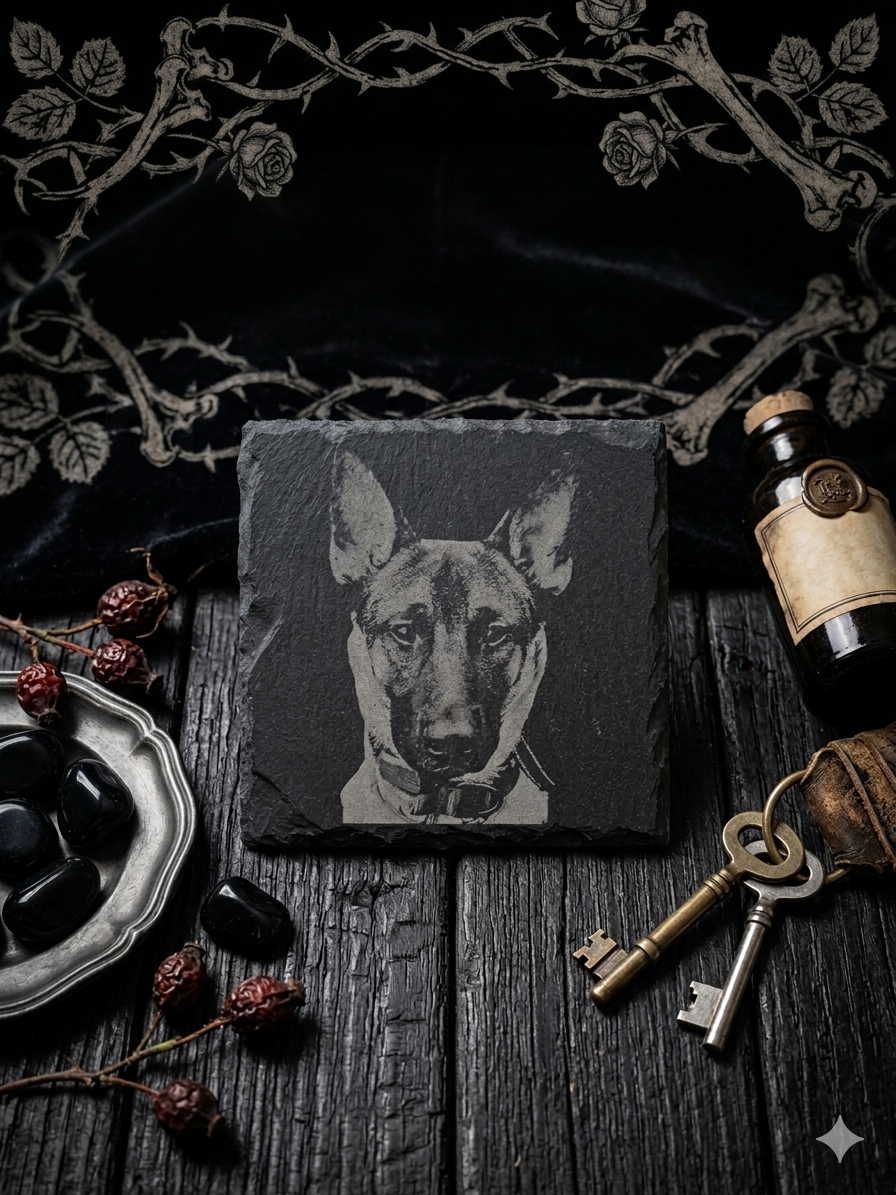 Custom Pet Portrait Slate Coaster – Gothic Western Engraved Stone Memorial Keepsake