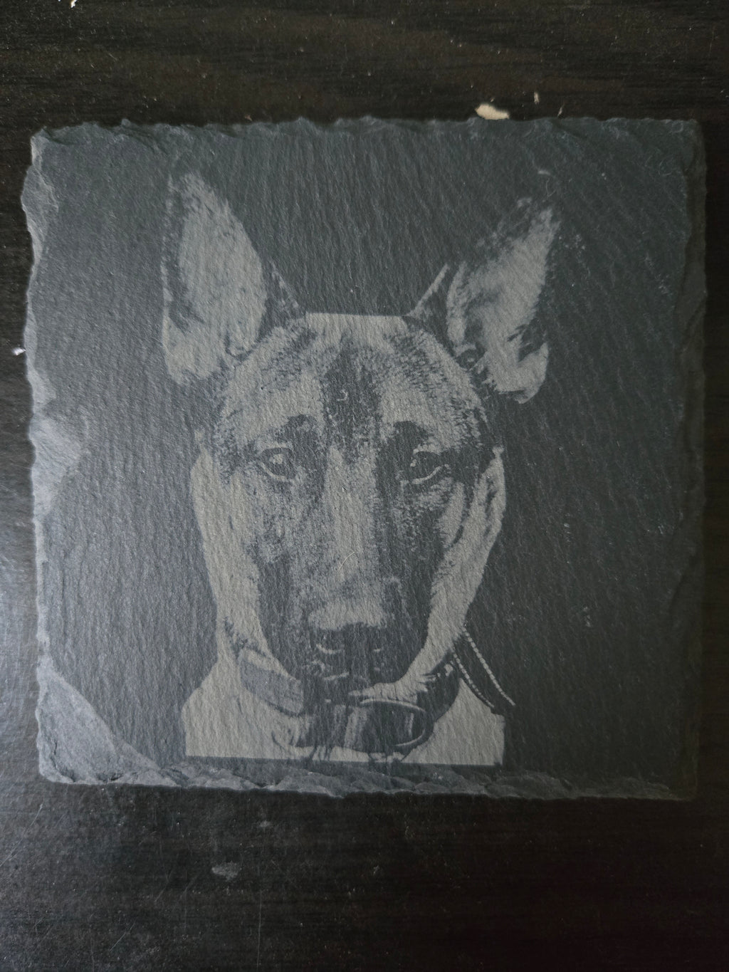 Custom Pet Portrait Slate Coaster – Gothic Western Engraved Stone Memorial Keepsake